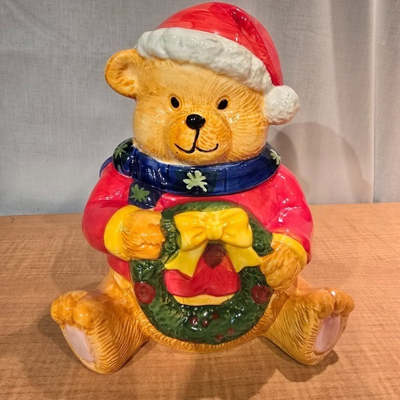 Gibson Christmas Merry Beary Bear Cookie‎ jar with Santa Hat & Wreath Ceramic - Picture 1 of 8